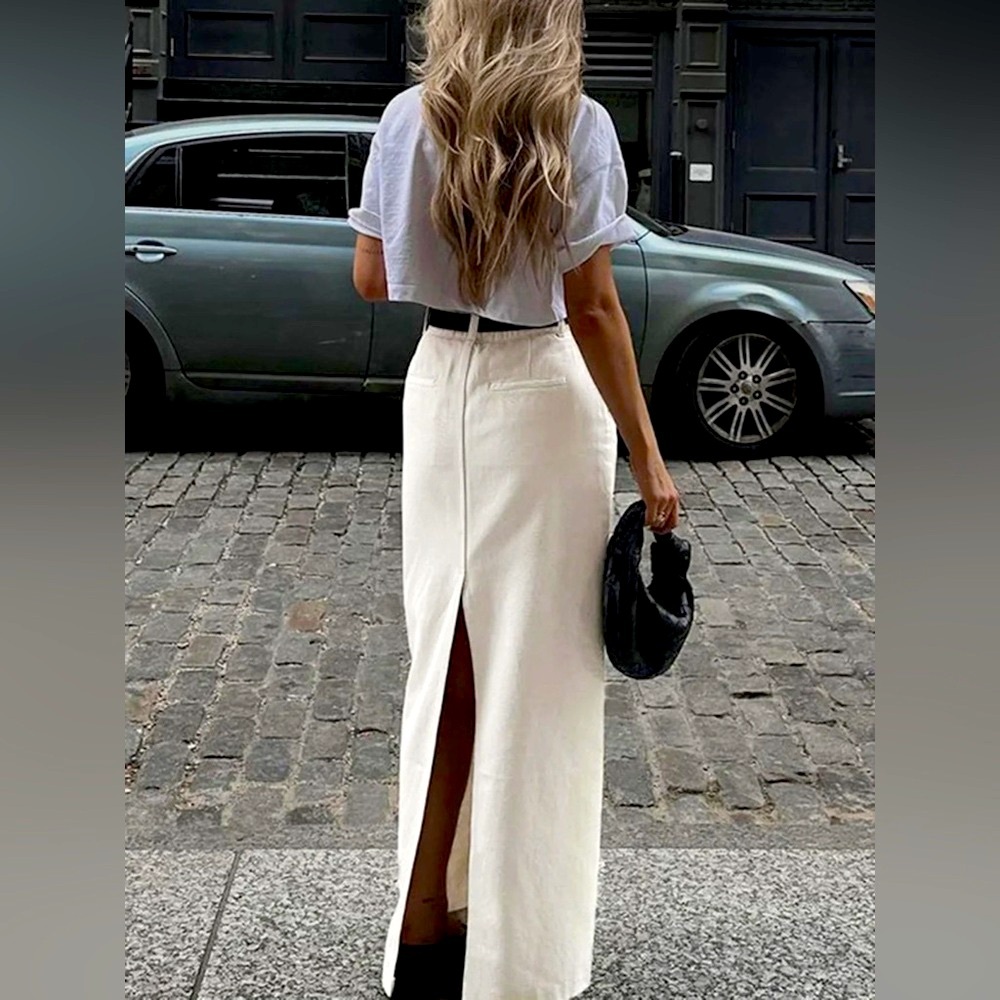 Commense White Maxi Skirt Parisian Slit Belt Loops Boho SZ M NWT - Picture 2 of 11